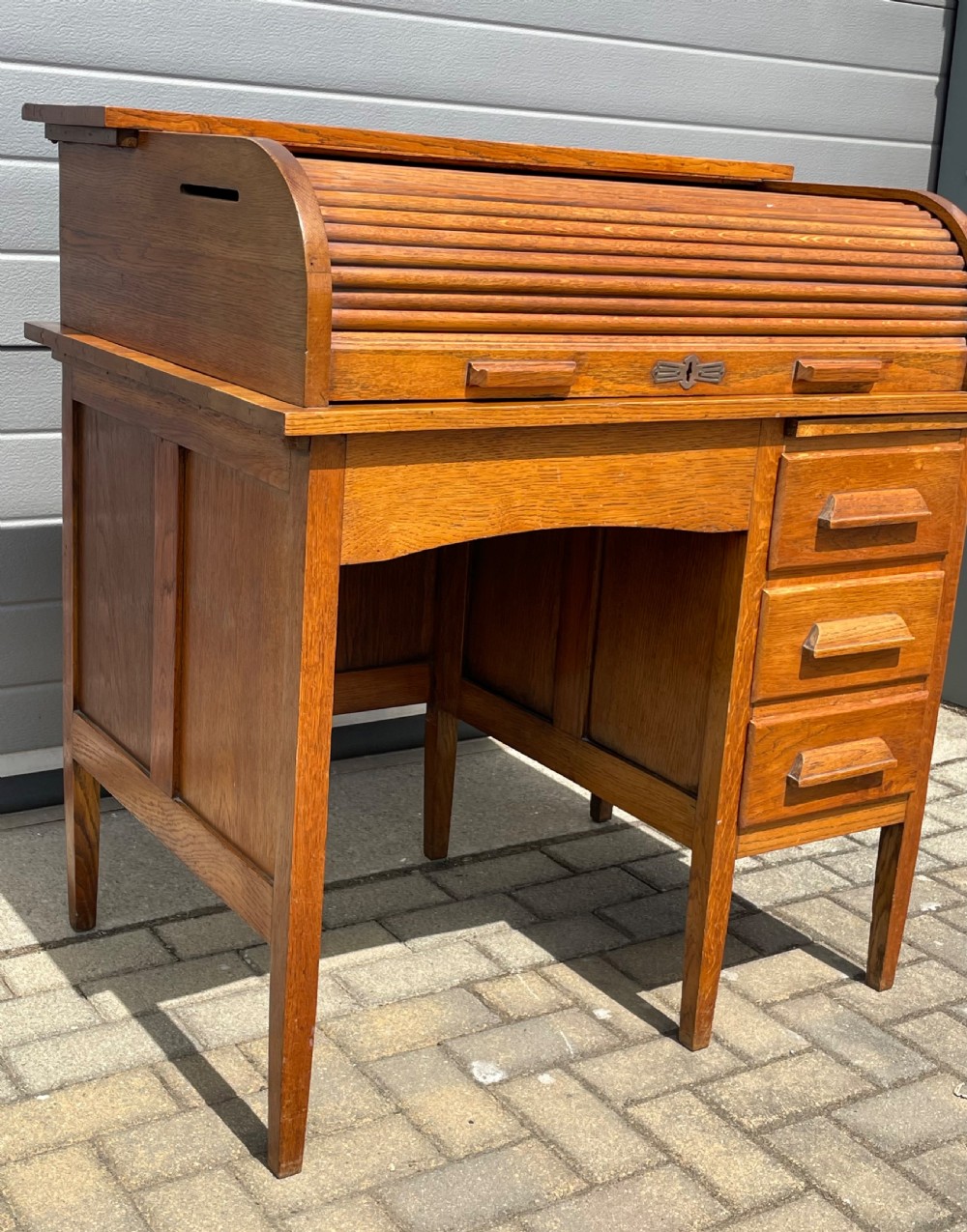 Good Golden Oak Tambour Roll Top Desk View IV