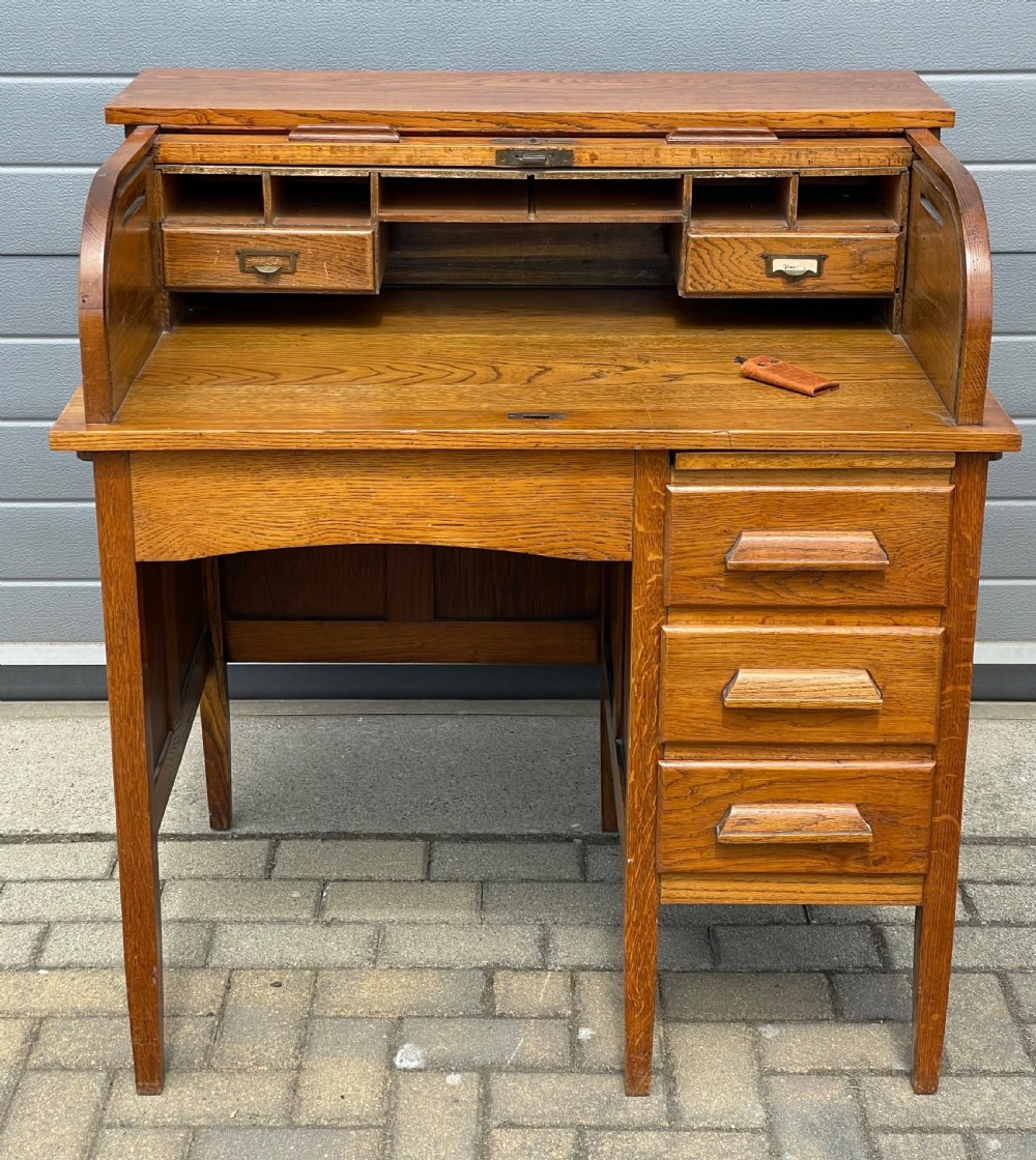 Good Golden Oak Tambour Roll Top Desk View VI