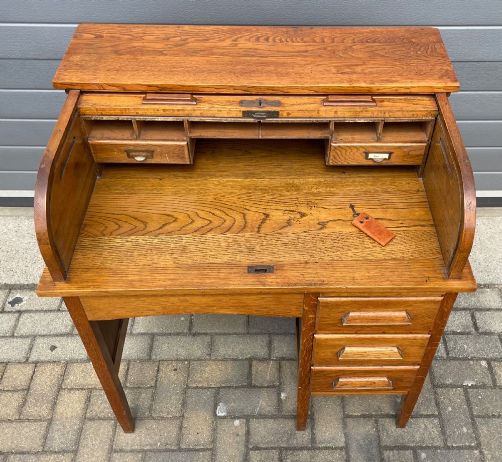 Good Golden Oak Tambour Roll Top Desk View VII