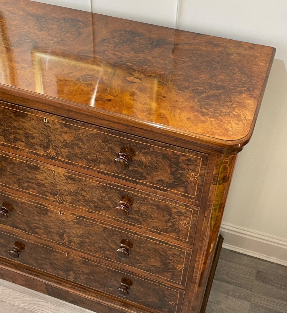 Victorian Burr Walnut Chest of Drawers by Wylie & Lochead, Glasgow View V