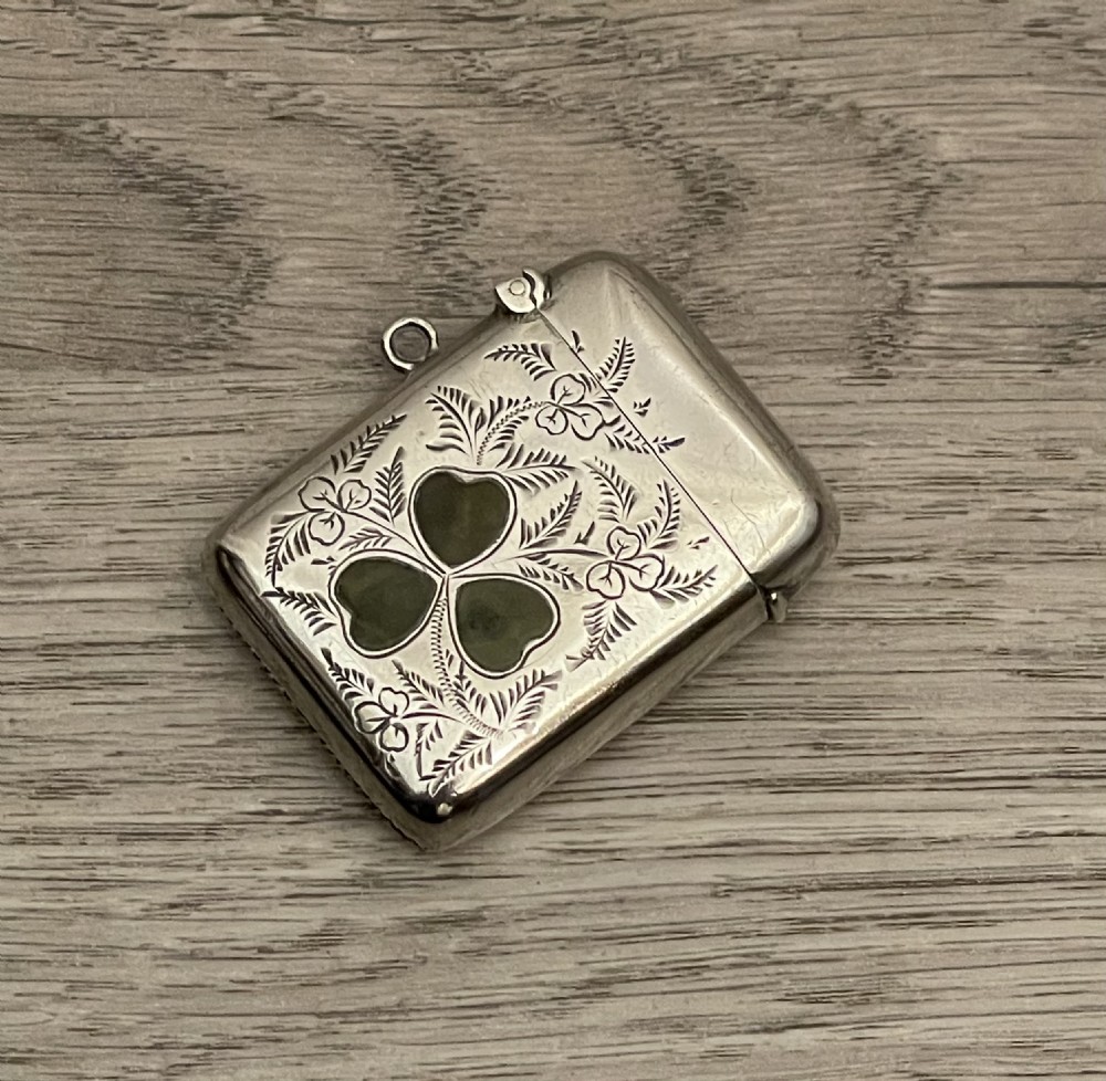 Rare Victorian Silver and Stone Three Leaf Clover Vesta Case