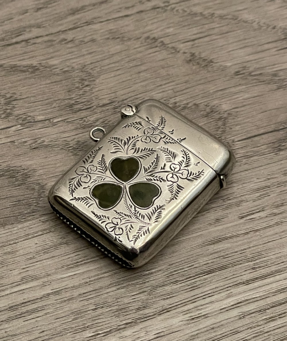 Rare Victorian Silver and Stone Three Leaf Clover Vesta Case View II