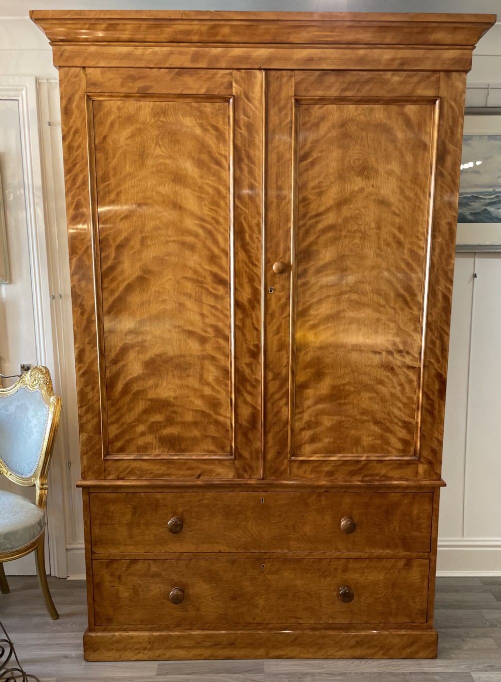Impressive Victorian Satin Birch Linen Press Wardrobe by Heal & Sons