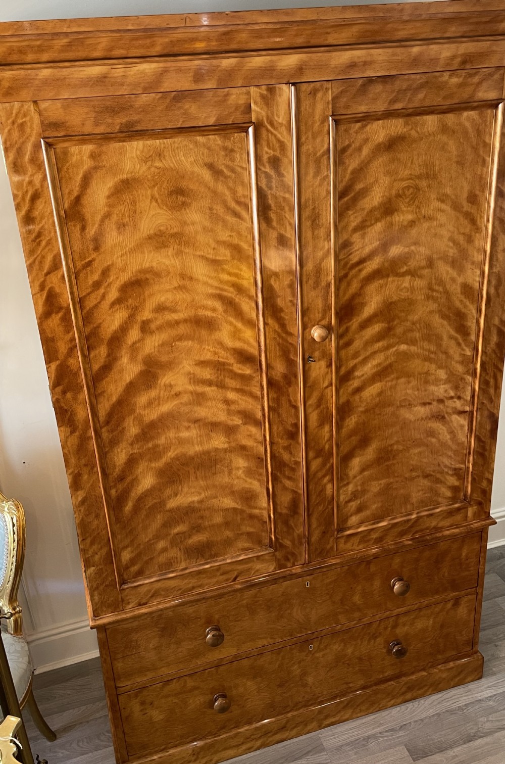 Impressive Victorian Satin Birch Linen Press Wardrobe by Heal & Sons View II