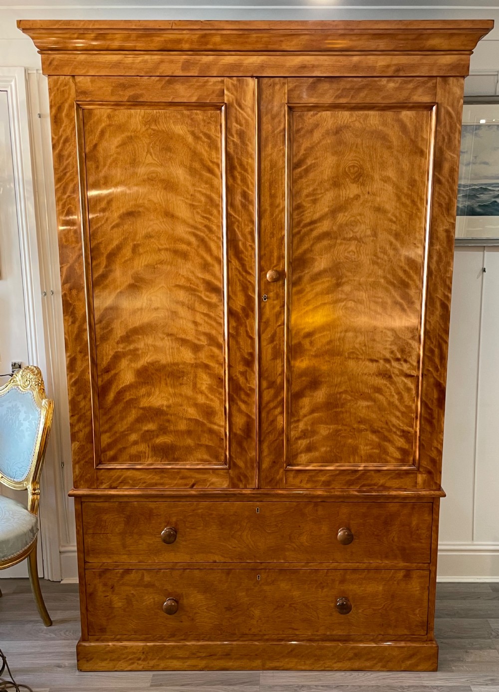 Impressive Victorian Satin Birch Linen Press Wardrobe by Heal & Sons View IV