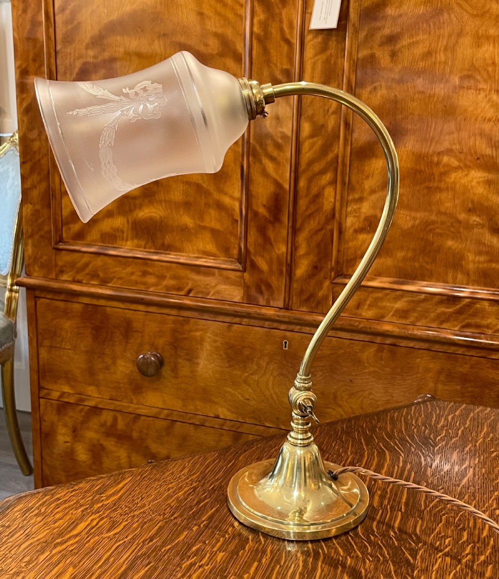 Edwardian Brass Table Lamp with Original Shade