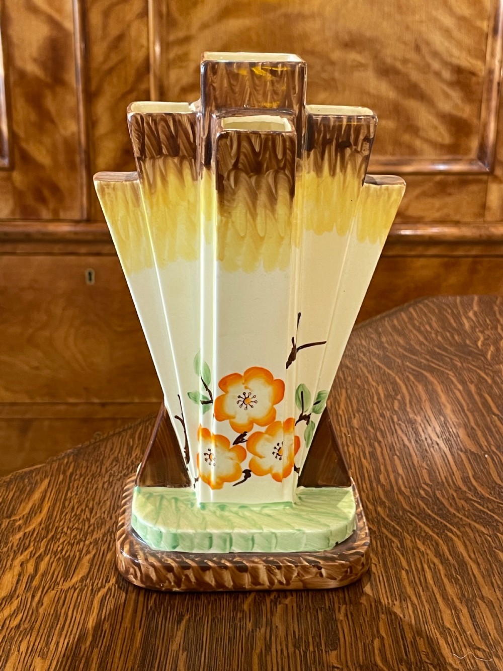 Myott Son & Co Art Deco Pyramid Odeon Vase, Hand Painted 
