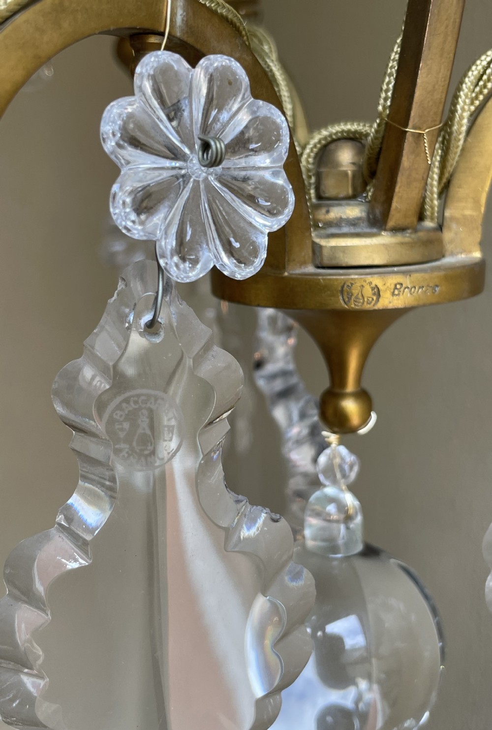 Quality Pair of Gilt Bronze & Crystal Chandeliers by Baccarat, France View II