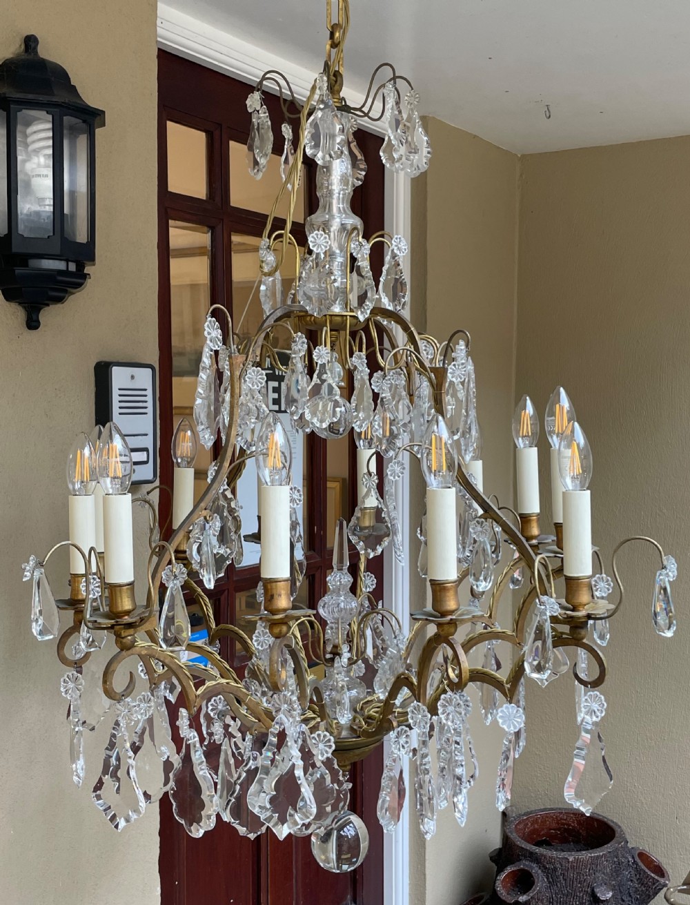 Impressive Twelve Light Gilt Brass & Crystal Chandelier