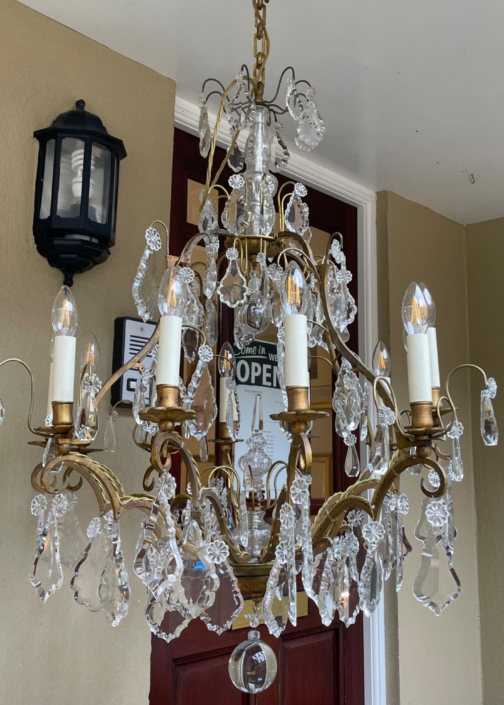 Impressive Twelve Light Gilt Brass & Crystal Chandelier View II