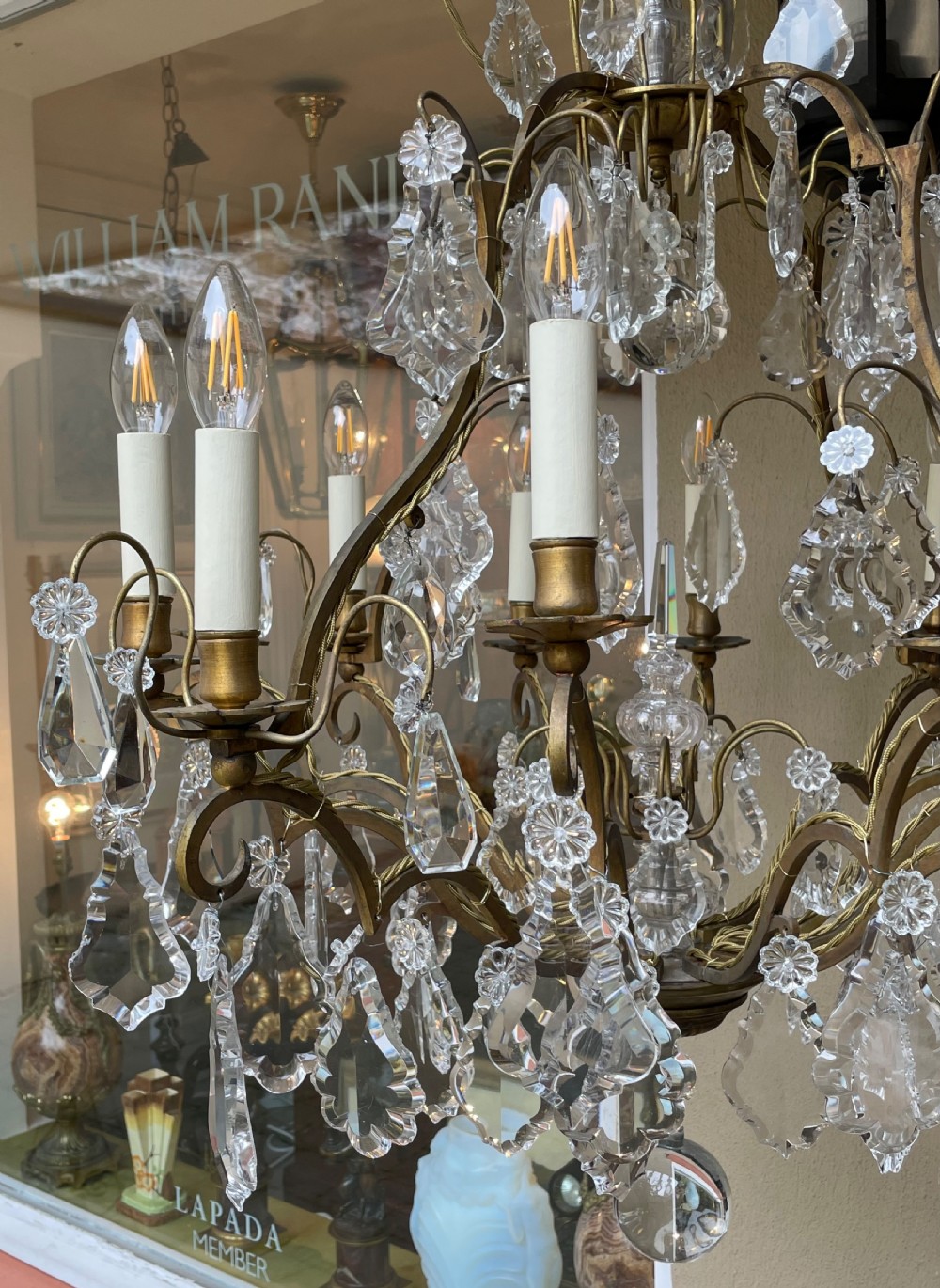 Impressive Twelve Light Gilt Brass & Crystal Chandelier View III