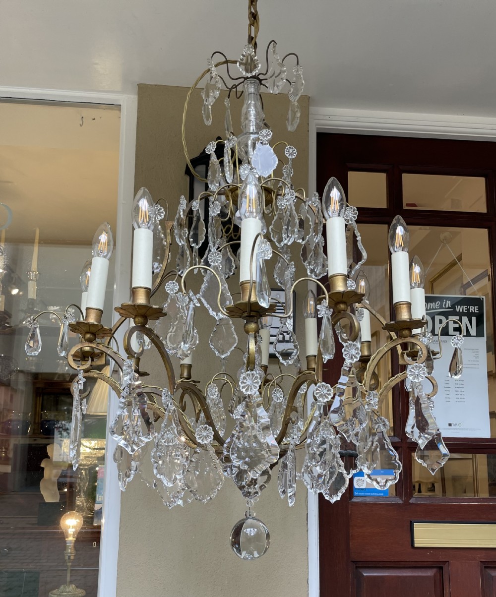Impressive Twelve Light Gilt Brass & Crystal Chandelier View IV