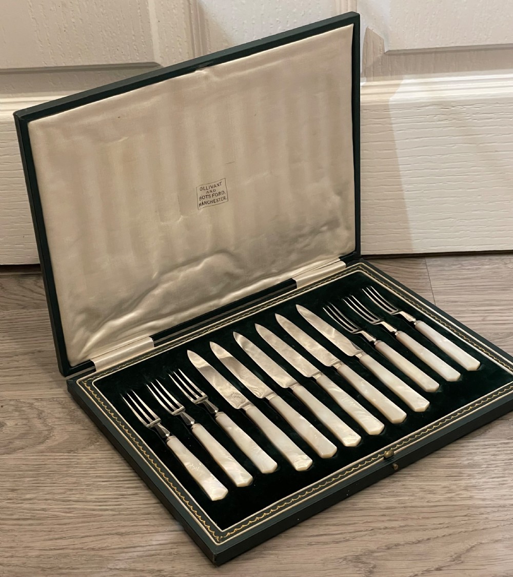 Art Deco Mother of Pearl & Silver Plate Dessert Set for Six