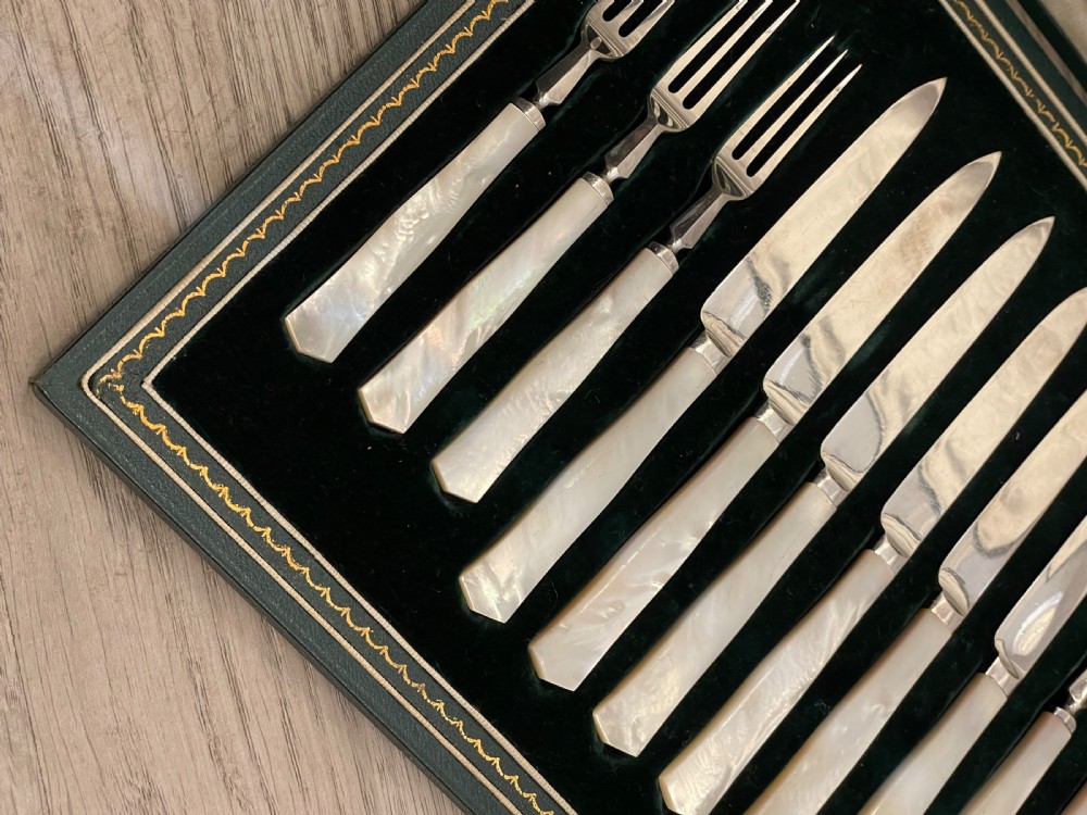 Art Deco Mother of Pearl & Silver Plate Dessert Set for Six View II
