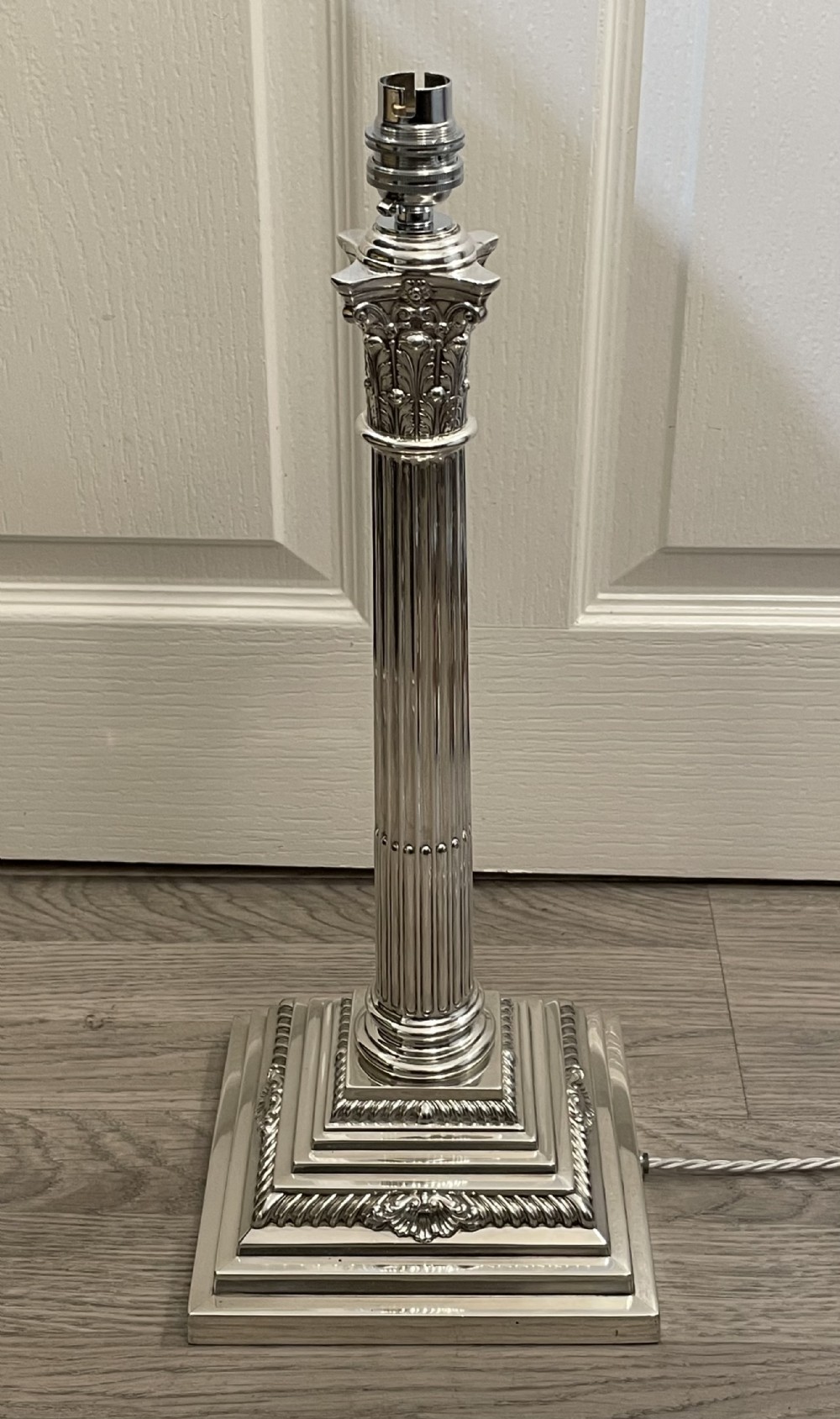 Large Solid Silver Corinthian Column Table Lamp, 1900