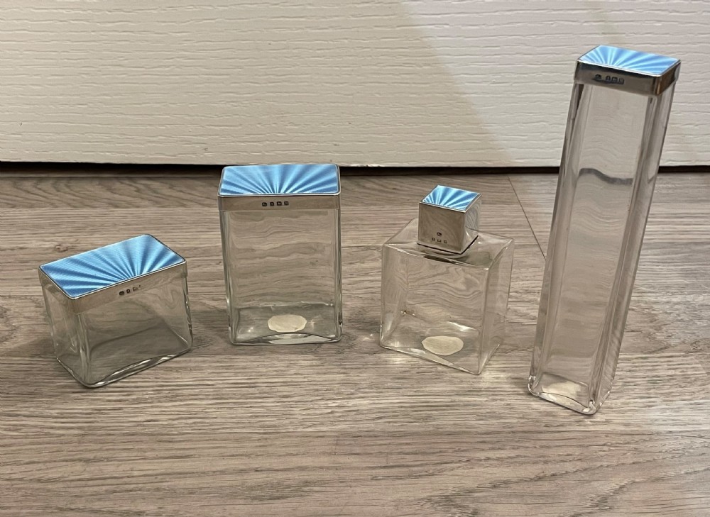 Art Deco Silver and Blue Enamel Dressing Tables Jars and Scent Bottle