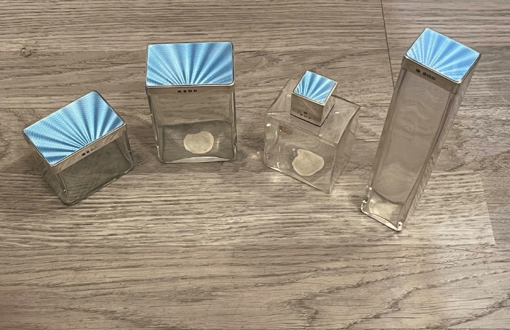 Art Deco Silver and Blue Enamel Dressing Tables Jars and Scent Bottle View II