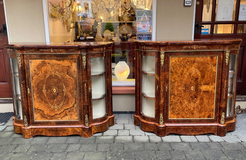 Superb Pair of Victorian Burr Walnut Credenza Sideboards