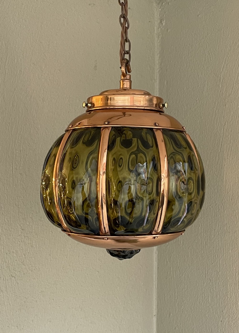 Art Nouveau Copper and Green Glass Lantern