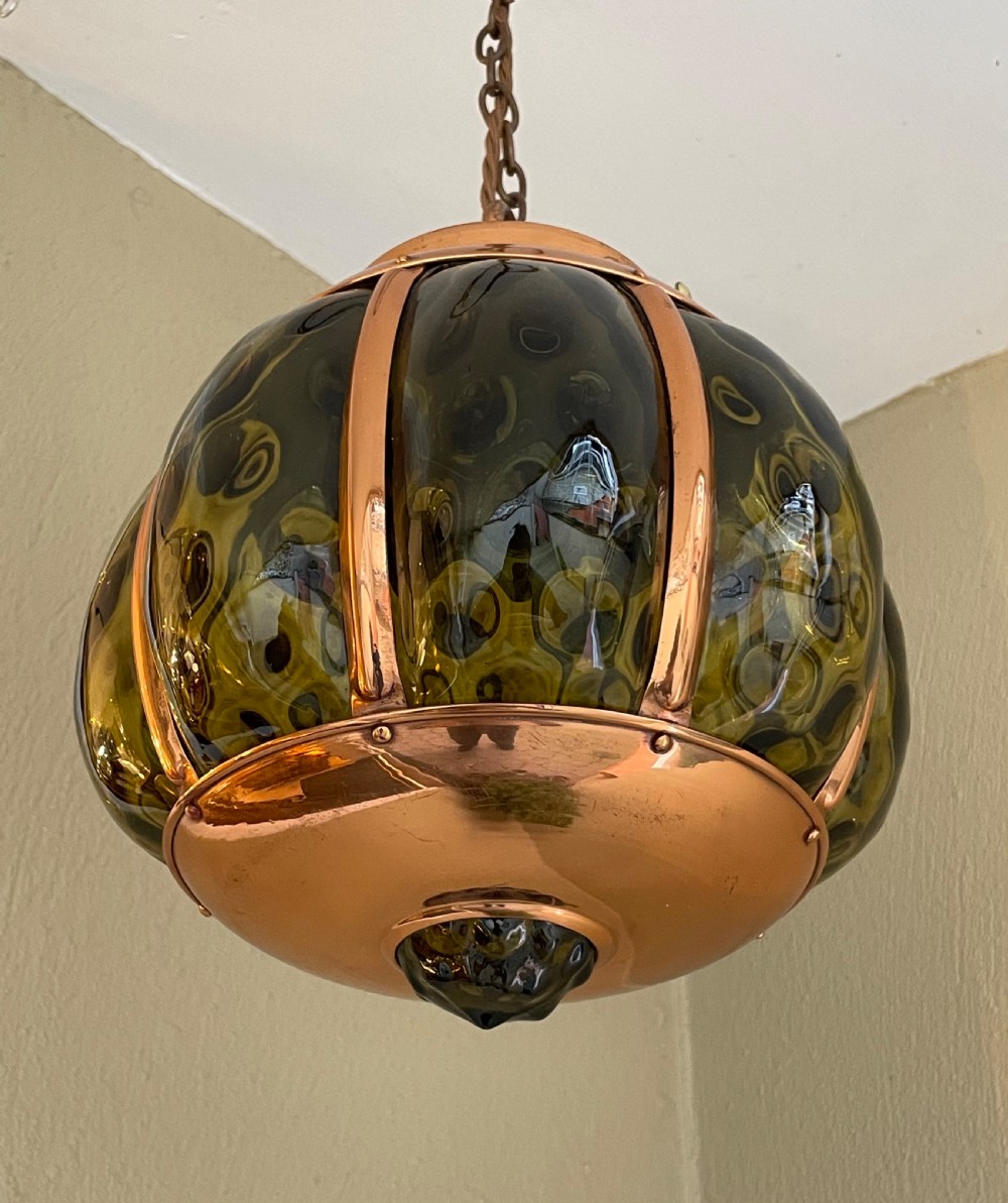 Art Nouveau Copper and Green Glass Lantern View II