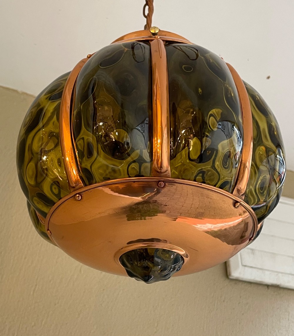Art Nouveau Copper and Green Glass Lantern View IV