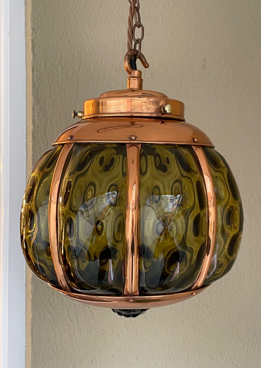 Art Nouveau Copper and Green Glass Lantern View V