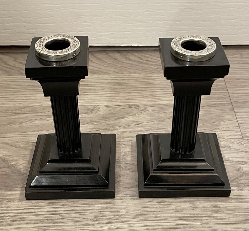 Pair of George V Ebony and Silver Candlesticks