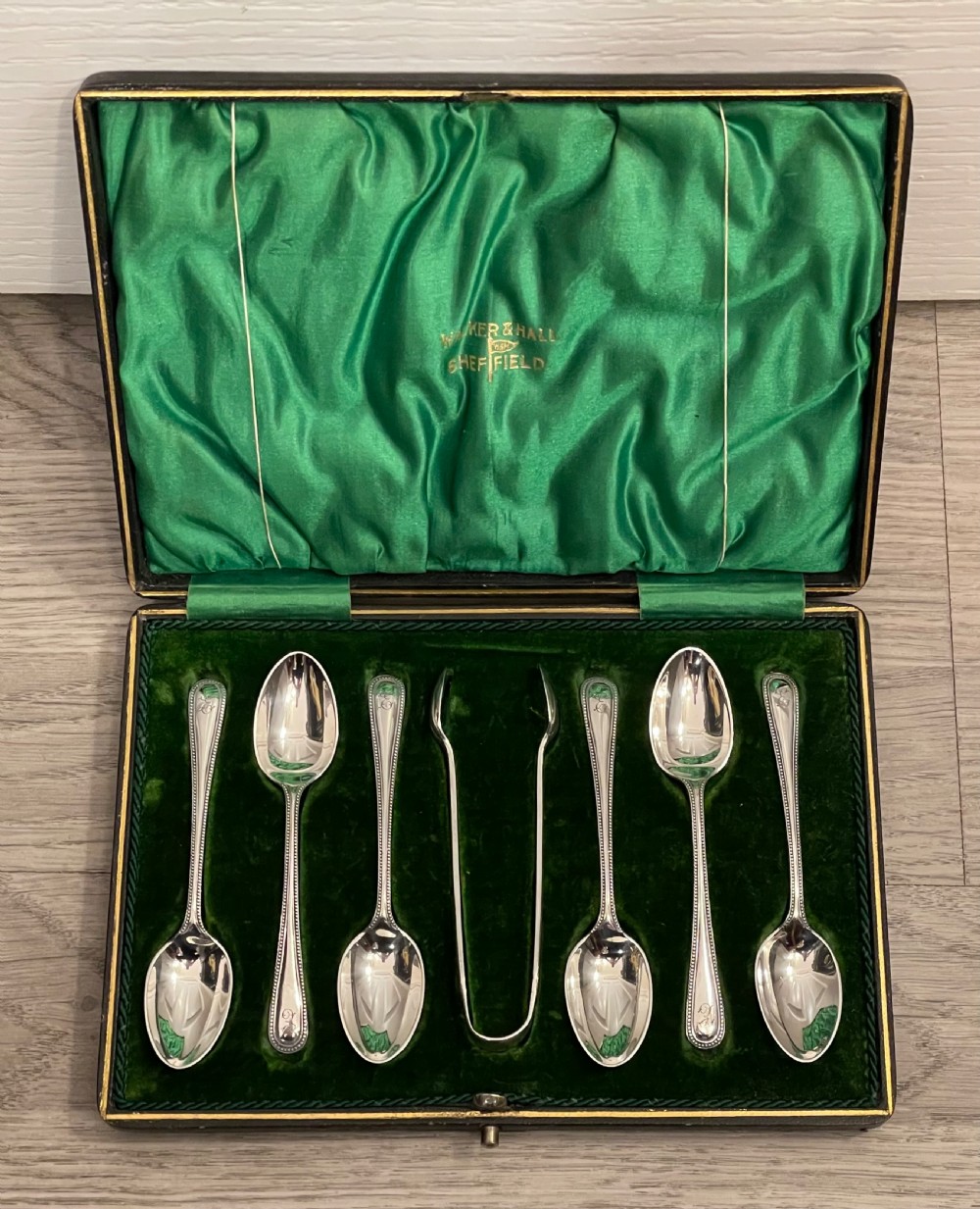 Set of Edwardian Silver Teaspoons and Tongs by Walker & Hall View II