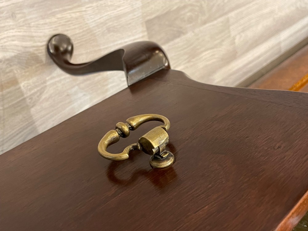 A square dark mahogany Georgian jardiniere featuring cabriole legs, brass side handles, and a removable metal liner. View V