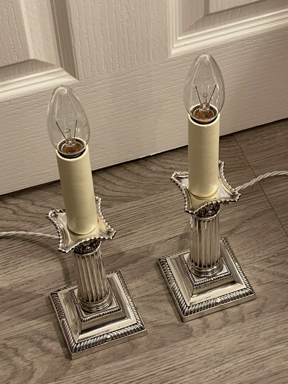 Pair of Edwardian Silver Plated Candlestick Lamps View II