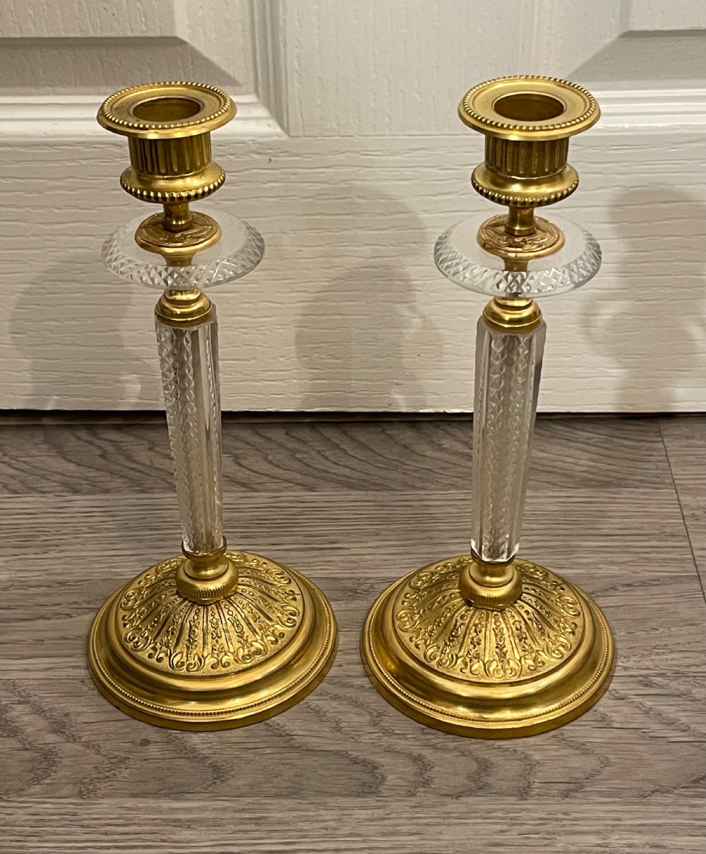Stunning Pair of Ormolu & Crystal Glass Candlesticks 