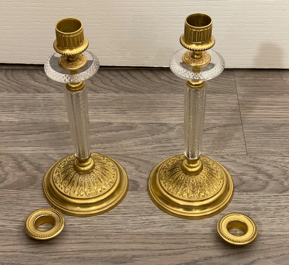 Stunning Pair of Ormolu & Crystal Glass Candlesticks  View V