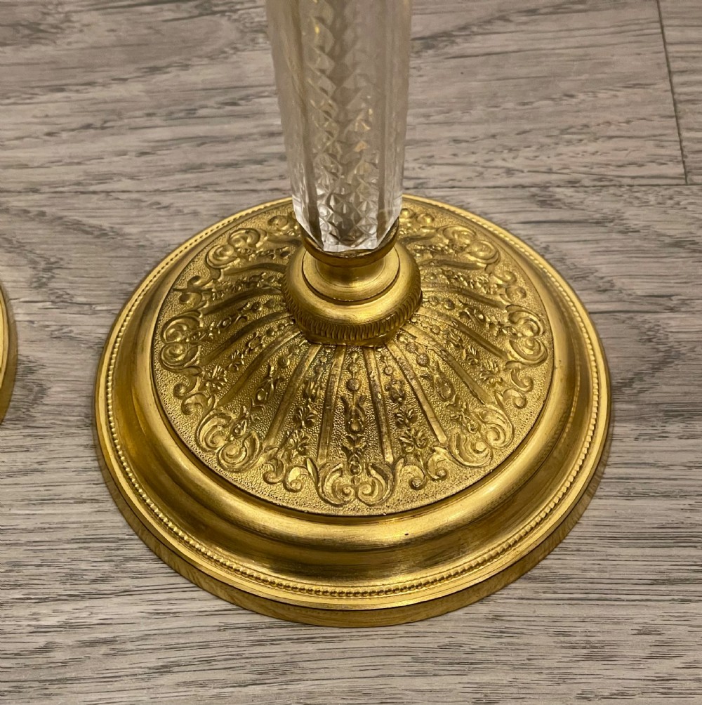 Stunning Pair of Ormolu & Crystal Glass Candlesticks  View VI