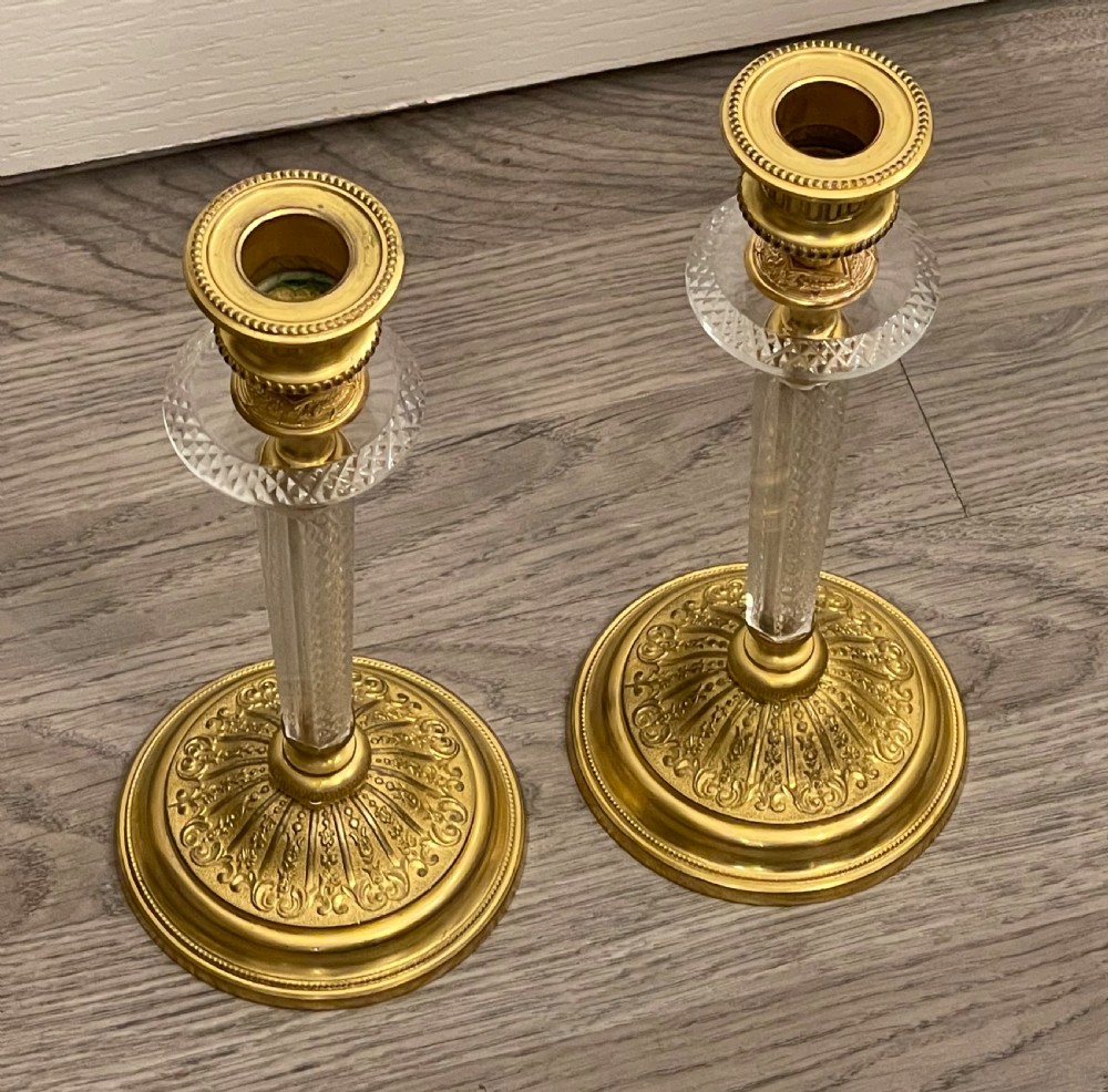 Stunning Pair of Ormolu & Crystal Glass Candlesticks  View VIII