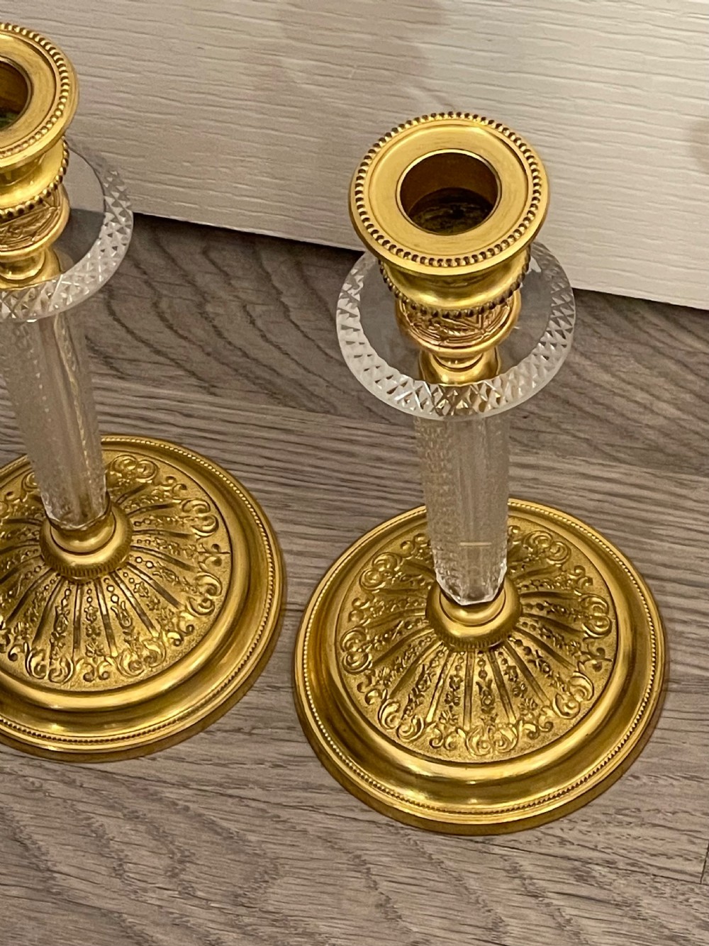 Stunning Pair of Ormolu & Crystal Glass Candlesticks  View XI
