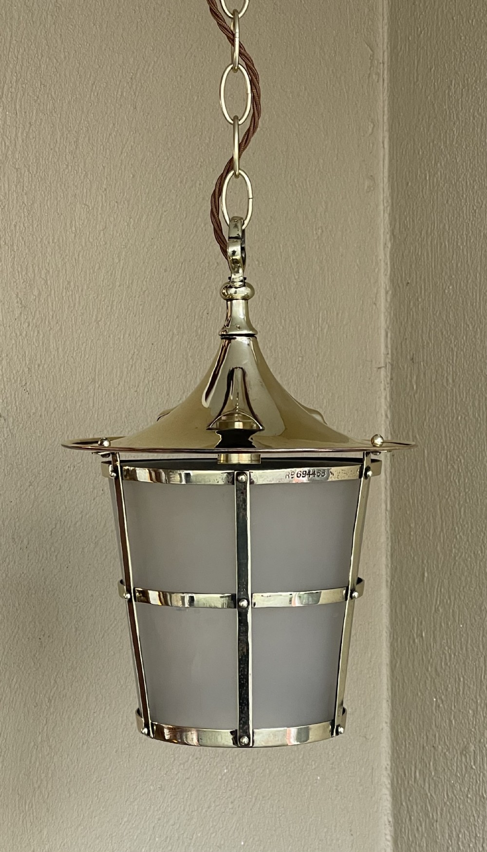 Arts & Crafts Brass Hall Lantern, Registered Design