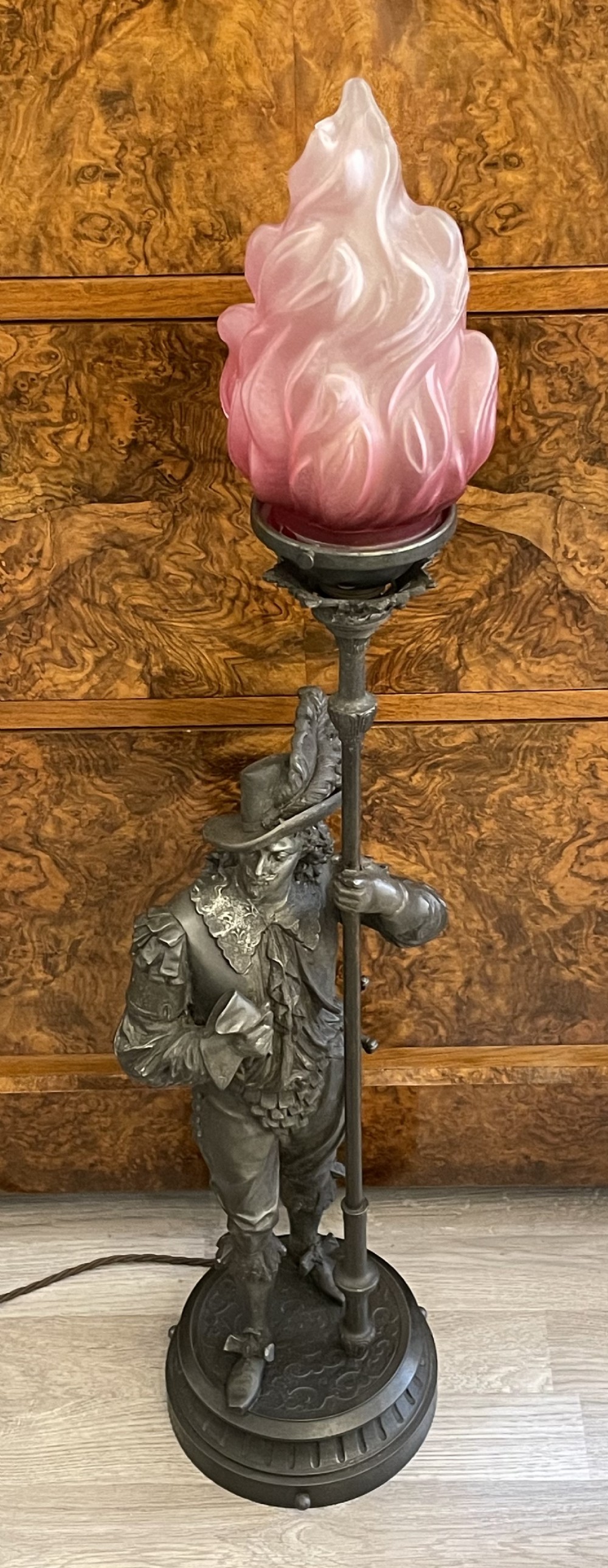 Cavalier Spelter Table Lamp with Ruby Glass Shade