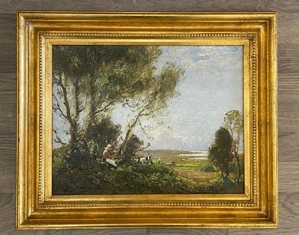 An impressionist oil painting depicting a verdant landscape with a figure seated beneath leafy trees, set within a wide gilded wooden frame.