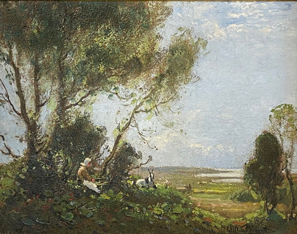 An impressionist oil painting depicting a verdant landscape with a figure seated beneath leafy trees, set within a wide gilded wooden frame. View II