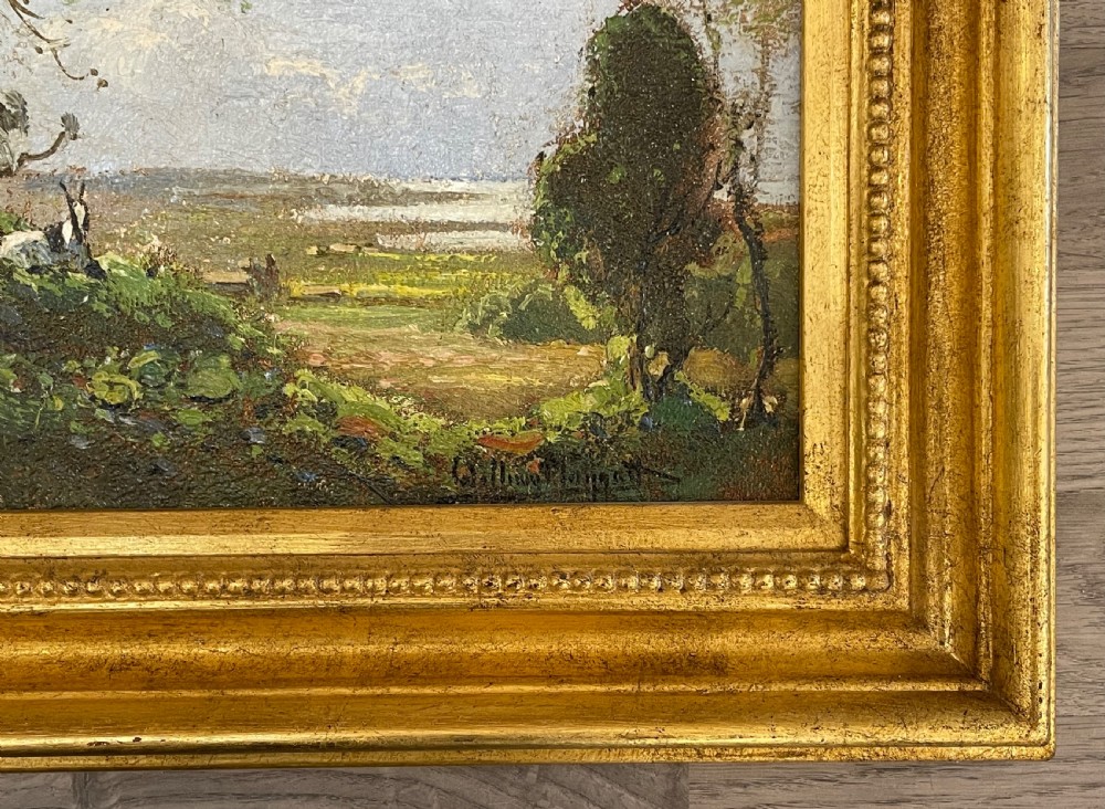 An impressionist oil painting depicting a verdant landscape with a figure seated beneath leafy trees, set within a wide gilded wooden frame. View III