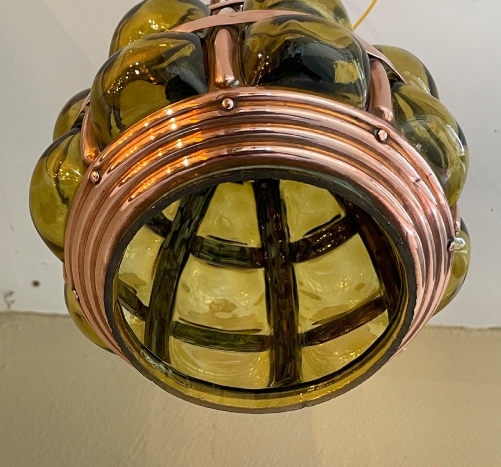 Arts and Crafts Copper and Green Glass Lantern Pendant View II