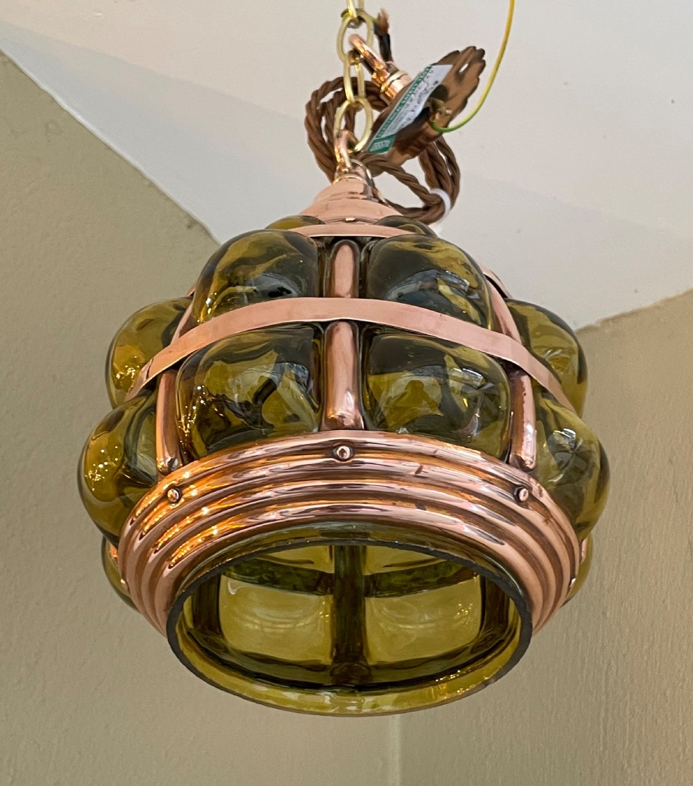 Arts and Crafts Copper and Green Glass Lantern Pendant View III