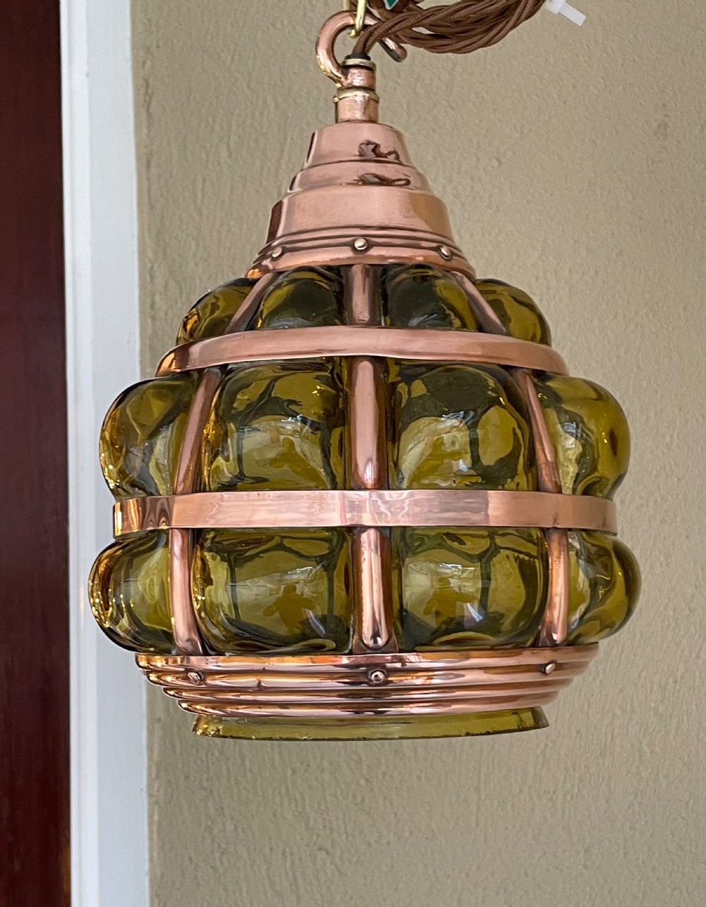 Arts and Crafts Copper and Green Glass Lantern Pendant View V