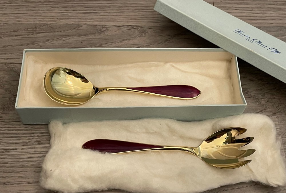 Beautiful Silver Gilt & Enamel Salad Servers View II
