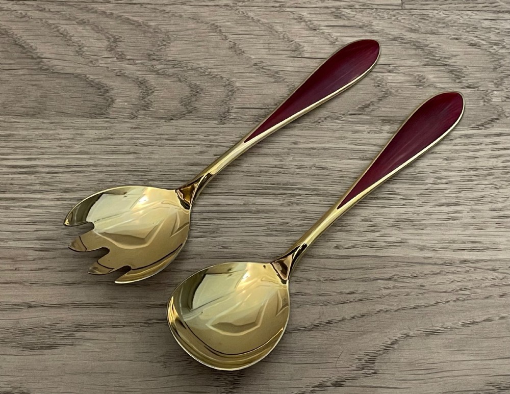 Beautiful Silver Gilt & Enamel Salad Servers View III