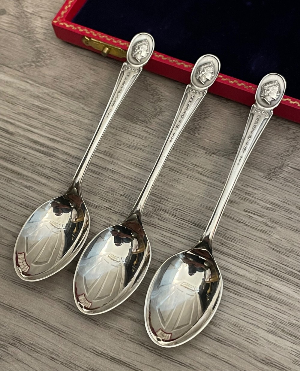 Beautifully Presented Trio of Silver Coronation Spoons, Queen Elizabeth II  View IV