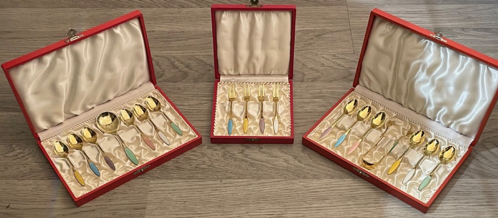 Fine Collection of Danish Silver Gilt & Enamel Spoon Sets
