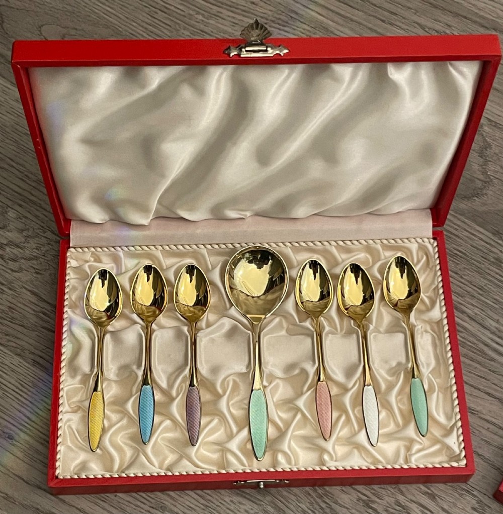 Fine Collection of Danish Silver Gilt & Enamel Spoon Sets View II