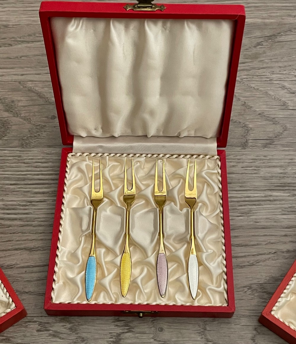 Fine Collection of Danish Silver Gilt & Enamel Spoon Sets View V