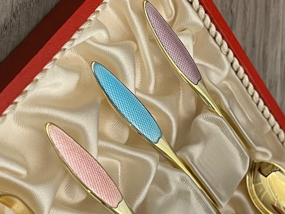 Fine Collection of Danish Silver Gilt & Enamel Spoon Sets View X